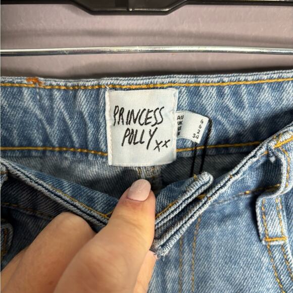 Princess Polly Medium Wash High Rise Flared Jeans With Frayed Hem Size 2 - Picture 4 of 7